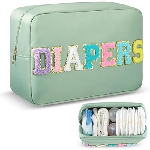 Geetery Portable Diaper Caddy Bag Organizer Sage Green Baby Small Diaper Storage Bin Baby Wipes, Chenille Letter Essentials Must Haves for Nursery Changing Table Pail Shower Gifts for Mom to Be