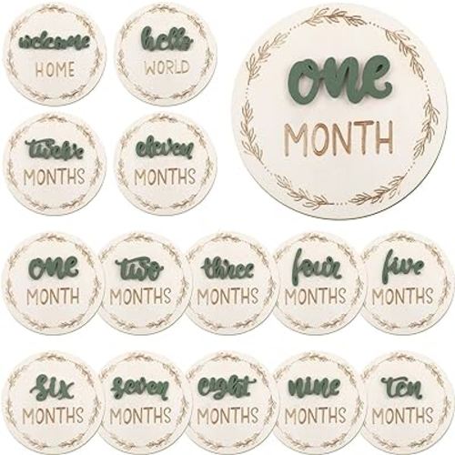 Baby Monthly Milestone Cards Sign, 3D Baby Milestone Signs Baby Growth Cards Double Sided Milestone Wooden Circles for Baby Boy Girls 1-12 Months Baby Milestone Pictures