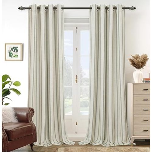 DriftAway Farmhouse Linen Blend Blackout Curtains 90 Inches Long for Bedroom Vertical Striped Printed Linen Curtains Thermal Insulated Lined Treatments for Living Room 2 Panels W52 x L90 Loden Green