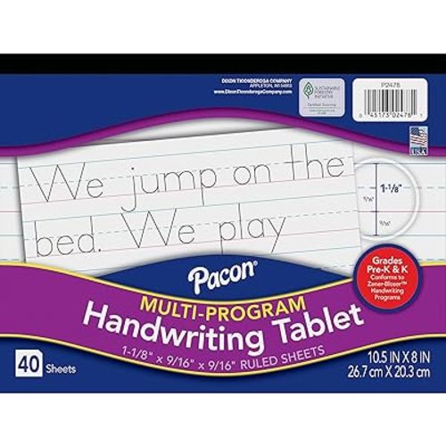 Pacon Handwriting Paper, Zaner-Bloser Grades Pre-K & K, 1-1/8" x 9/16" x 9/16" Ruled 10-1/2" x 8", Ruled Long, 40 Sheets (Pack of 2)