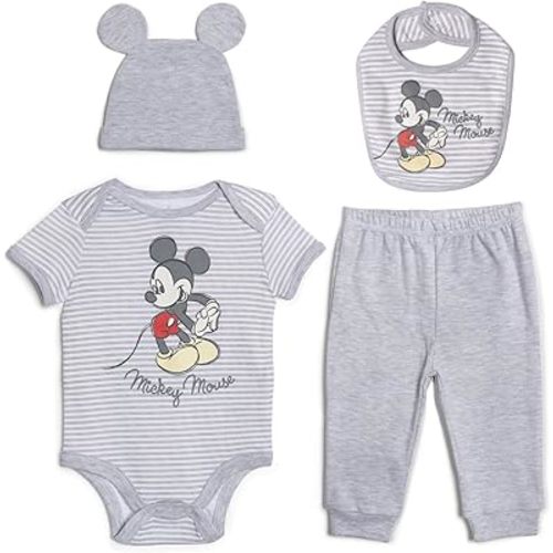 Disney Mickey Mouse 4 Piece Outfit Set: Bodysuit Pants Bib Hat 0-3M