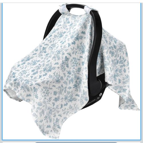 SERAPHY 100% Muslin Cotton Car Seat Covers for Babies - Universal, Breathable Canopies for Boys and Girls - Soft Summer Car Seat Cover - Blue Flowers