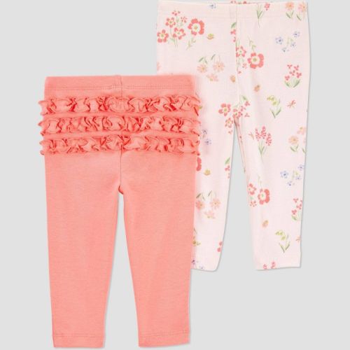 Carter's Just One You®️ Baby Girls' 2pk Coral Floral & Ruffle Pants - Pink 6M: Cotton Slim Fit, Elastic Waistband