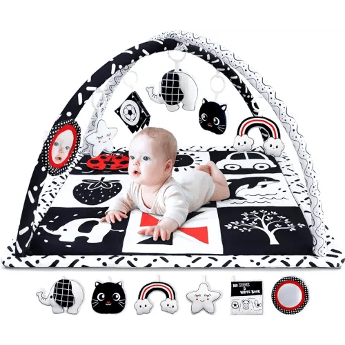 Black and White Baby Gym Play Mat with 6 Toys Tummy Time Activity Mat for Babies 0-6 6-12 Months High Contrast Baby Gyms & Playmats Sensory Toys Newborn Brain Development Infant Play Mat Baby Gifts