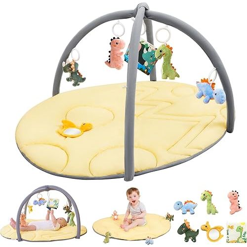 Baby Play Gym Mat, Dinosaur Egg Shped Tummy Time Activity Mat with 6 Detachable Toys for Tollder Sensory & Motor Skill Development, Newborn Infant Baby Essentials Gift