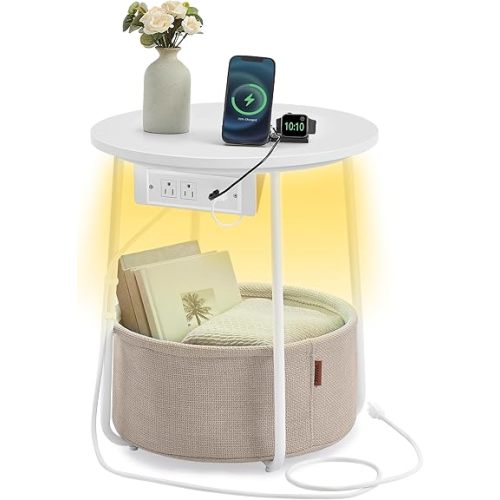 VASAGLE Side Table with Charging Station, Round End Table with Fabric Basket, LED Nightstand with Power Outlets, USB Ports, for Living Room, Bedroom, Modern, Matte White and Camel Brown ULET227W01