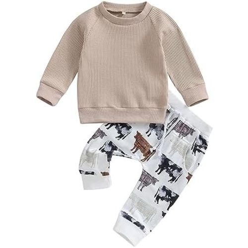 SAYOO Western Baby Boy Clothes Cow Print Sweatshirt Pullover Top Jogger Pants 2Pcs Toddler Boy Cowboy Fall Winter Outfits