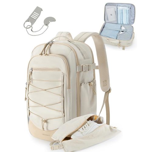 BAGSMART Carry On Travel Backpack, 17 Inch Large Travel backpack Carry On Flight Approved, Anti-theft Personal Item Backpack Travel Bag With Shoe Bag, 30L Water Resistant Casual Daypack, Beige