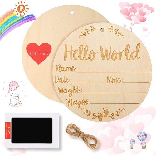 Hello World Newborn Sign, Baby Announcement Sign, Baby Birth Announcement Sign, Wooden Baby Name Sign for Nursery with Ink Pad for Baby Hand and Footprints,Best Gift for Baby Shower Birthday Keepsakes