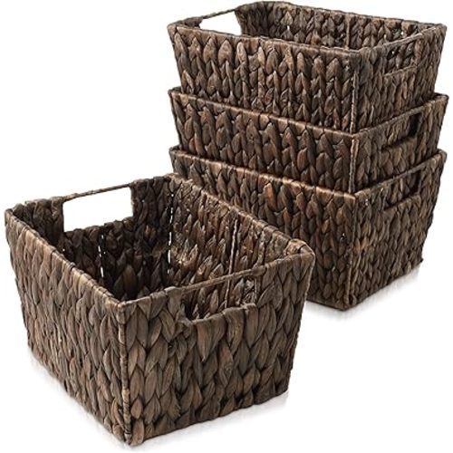 Casafield Set of 4 Water Hyacinth Storage Baskets with Handles - Espresso, Woven Rectangular Storage Bins for Shelves, Blankets, Laundry Organization