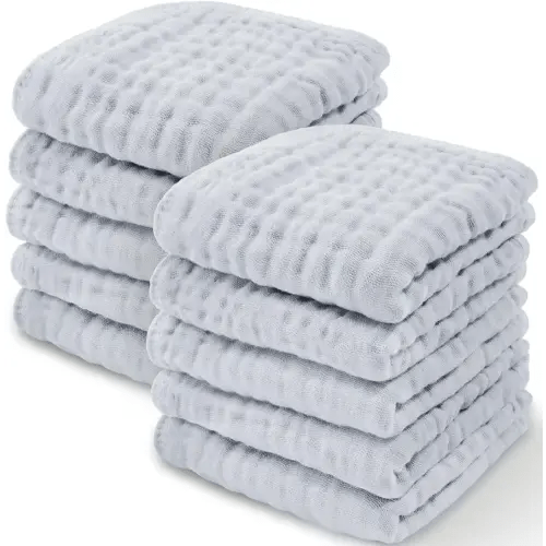 Comfy Cubs Muslin Baby Washcloths 10 Pack - Soft 6-Layer Cotton Wash Cloths for Sensitive Skin - 10"x10" Large, Gentle, Absorbent Infant Essentials for Newborn and Toddlers - (Slate)