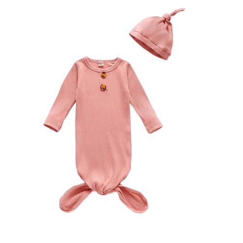 Emy Dola Newborn Baby Boys Girls Knotted Gown Hat Set Ribbed Cotton Baby Sleep Bag with Mittens Infant Sleeper