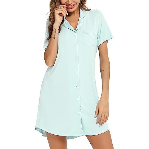 Pjmlifecoco Nightgowns for Women Button Down Sleepshirt Short Long Sleeve Nightshirt Pajamas Nightdress S-XXL