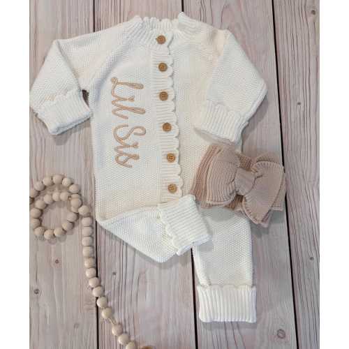 baby girl embroidered knit romper, lil sis jumpsuit, knit sweater, coming home outfit