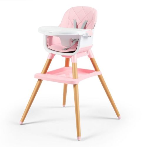 TODECARE High Chair, 7 in 1 Convertible Wooden Highchair for Babies & Toddlers with Adjustable Legs, Double Removable Tray, Safety Harness, Pink