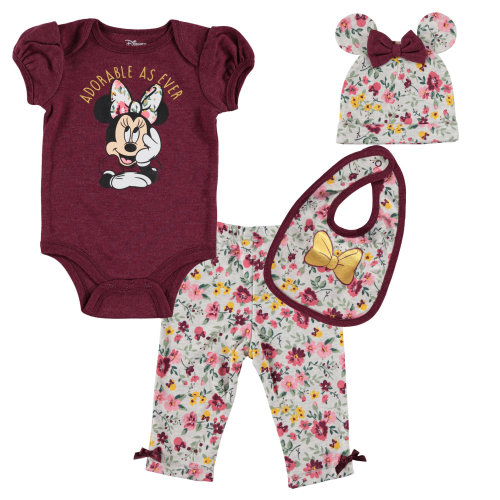Disney Minnie Mouse Newborn Baby Girls Bodysuit Pants Bib and Hat 4 Piece Outfit Set Newborn to Infant