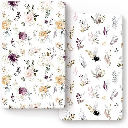 GRSSDER Stretchy Ultra Soft Jersey Knit Fitted Crib Sheets Set 2 Pack,Fits All Standard Crib Mattress Pads Safe and Snug, Pretty Purple Flora Botanical for Baby Girls