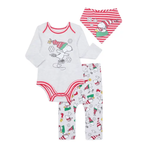 Character Infant Baby Holiday Take Me Home, Bib, Long-Sleeve Bodysuit, and Pants Outfit Set, 3-Piece Sizes Newborn-12 Months
