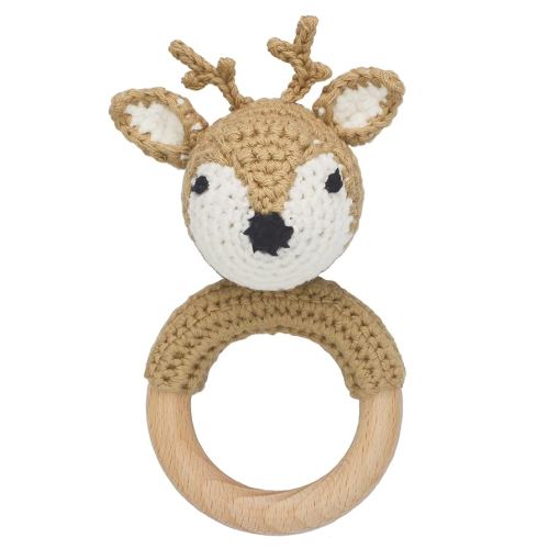Joliecraft Woodland Friends Baby Rattle Shaker Toy with Wooden Teething Ring in White and Tan Deer