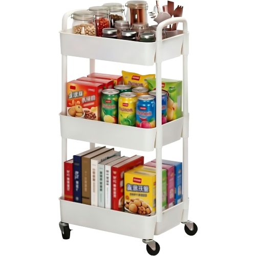 Sywhitta 3-Tier Plastic Rolling Utility Cart with Wheels for Storage,White | Multi-Functional Storage Trolley, for Office, Living Room, Kitchen, Bathroom,Movable Organizer,Space-Saving,Easy to assemble