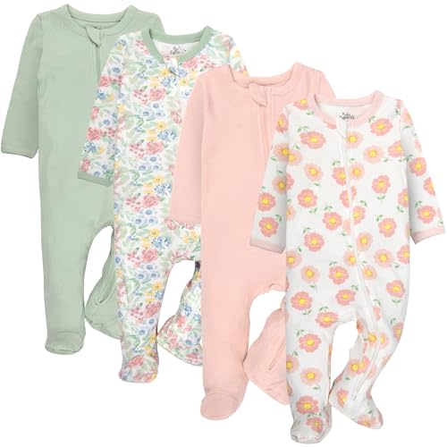 Baby Essentials Girls 4 Piece Patterned and Solid Pack Footies