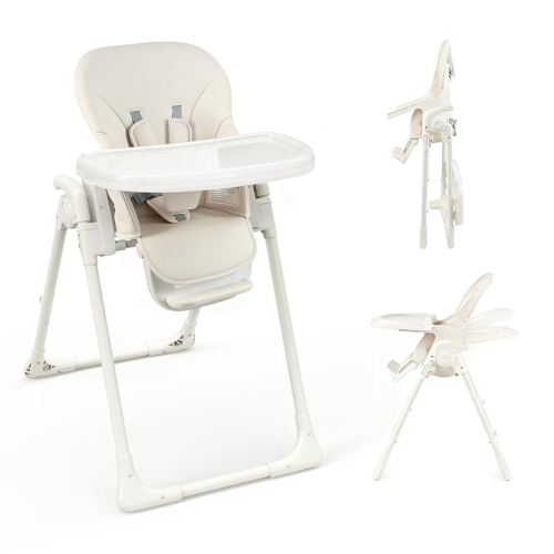 High Chair, Foldable High Chairs for Babies and Toddlers, Adjustable Height, Backrest and Footrest, Removable Tray, Beige
