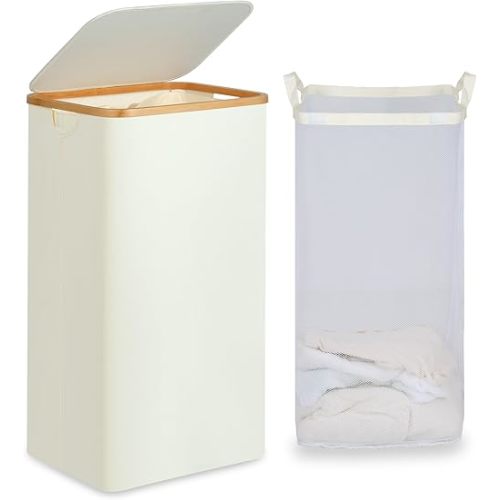 Laundry Basket with Lid and Removable Bag, 100L Tall Laundry Hamper with Bamboo Handles, Aesthetic Dirty Clothes Bin for Laundry Room, Bathroom, Bedroom and Dorm, Beige