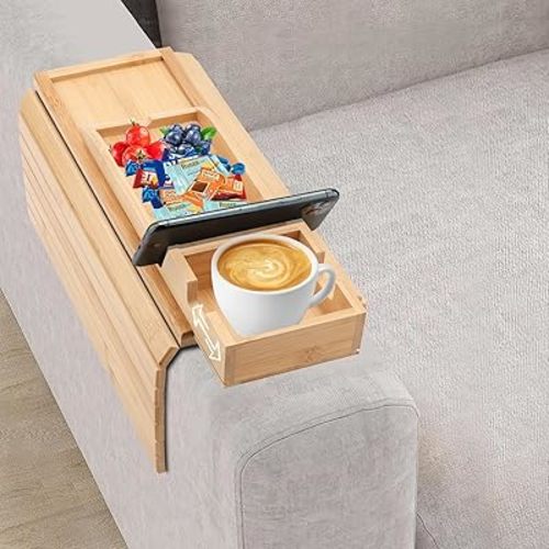 2-in-1 Sofa Arm Tray with Anti-Slip Pad - Detachable Couch Cup Holder & Armrest Table for Eating, Drinking, Snacking & Remote Control