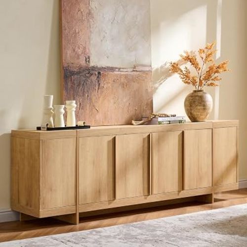 OKD Modern 70" TV Stand,Entertainment Center for TVs Up to 80",TV Console with Storage,Integrated Plinth,Handle-Free Hidden Doors Design,Media Console for Living Room,Bedroom(Natural Oak)