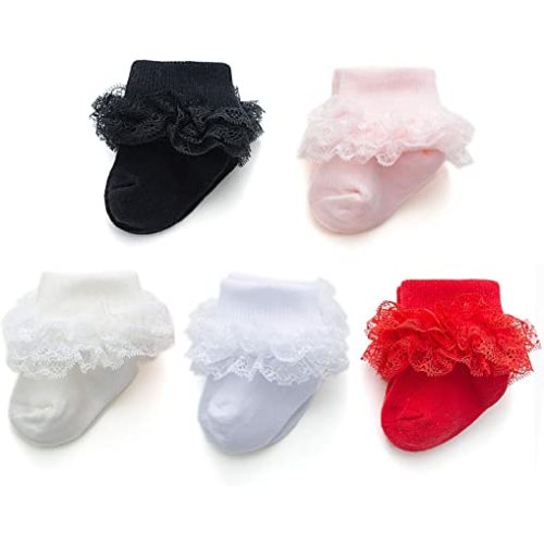 EPEIUS Baby-Girls Eyelet Turn Cuff Ruffle Lace Socks Triple Lace Dressy Socks Newborn/Infants/Toddlers 3/5 Pairs