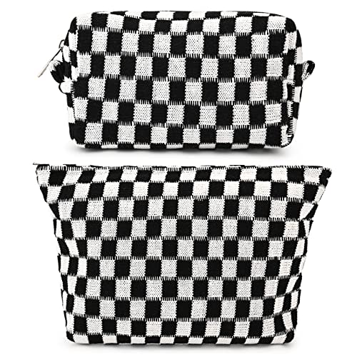SOIDRAM 2 Pieces Black Makeup Bag Large Checkered Cosmetic Bag Capacity Canvas Mix Travel Toiletry Bag Organizer Cute Makeup Brushes Aesthetic Accessories Storage Bag for Women, Checkered Mix Black