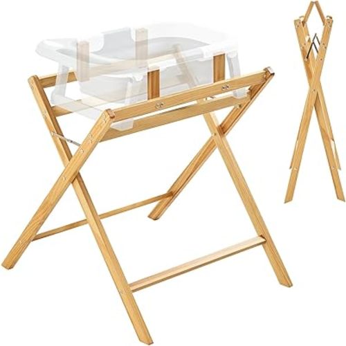 FUNLIO Soporte de madera para bañera para bebé, soporte plegable para baño para bebés de 0 a 24 meses, seguro y resistente con soporte de 8 puntos, bañera duradera para bebés con revestimiento