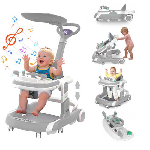 JieC 5 in 1 Baby Walker with Foot Pads/Handles, Adjustable Height Hand Push School Bike for Girls and Boys, Gray
