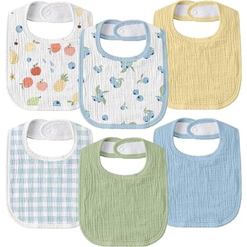 GLLQUEN BABY Muslin Drool Bibs for Boys Girls 6 Pack, Adjustable Baby Bibs for Drooling and Teething, Soft Cotton Baby Bandana Bib for Newborn Feeding Essentials (Azure Berry Dream)