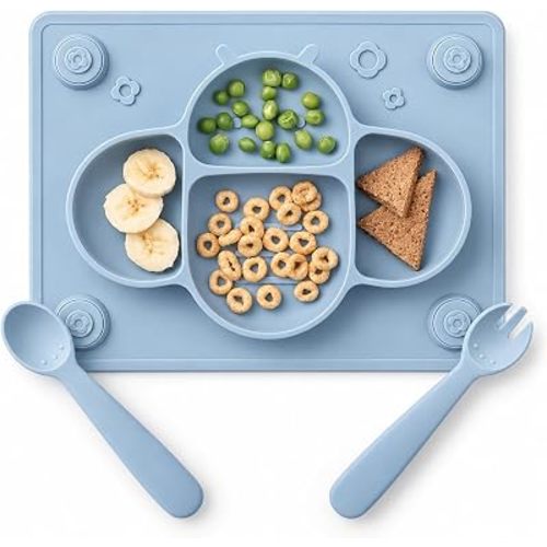 ROCCED Suction Plates for Baby placemat Spoon Fork Set for Toddlers, Silicone Baby Plates with Suction Baby Dishes for Kids Plates-Dusty blue