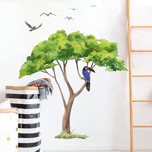 Runtoo Large Safari Tree Wall Decals Green Plant Jungle Wall Stickers Nursery Kids Bedroom Wall Art Decor