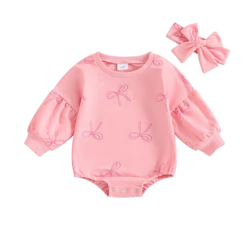 Kayotuas Infant Baby Girl Bow Romper Puff Long Sleeve Sweatshirt Oversized Bubble Sweater Bodysuit Cute Spring Fall Clothes