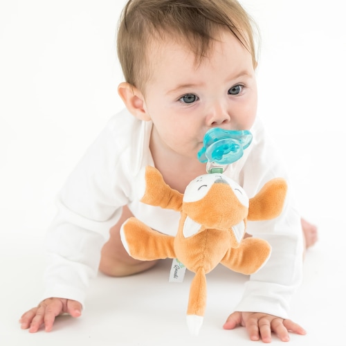 Queebi PaciBuddy Fox Pacifier Holder - Plush Toy Includes Detachable Pacifier - Adapts to Name Brand Pacifiers - Baby Gift Suitable for All Ages - Infant Binky, Soother, Paci, Plush Baby Toy