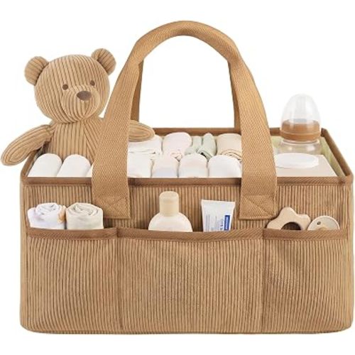 Baby Diaper Caddy Organizer with Portable Changing Mat-Portable Baby Organizers and Storage, Gift for Baby Shower, Corduroy Baby Essentials Organizer with Removable Dividers (Brown)