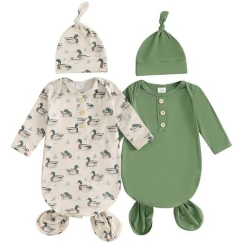woshilaocai 2 Pack Baby Boy Girl Gown Sleeper Newborn Knotted Nightgown and Hat Set Infant Sleepwear