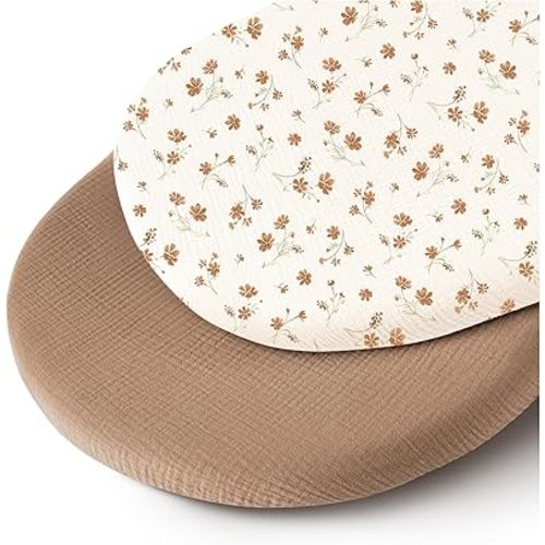 Muslin Bassinet Sheets for Babies – Soft & Breathable 100% Cotton Fitted Sheets for Oval, Rectangle, Hourglass Bassinet Mattress Pads, 2-Pack