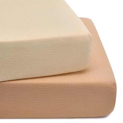 TILLYOU 2 Pack Muslin Crib Sheet for Boys and Girls - 100% Cotton Fitted Crib Sheet for Toddler Standard Crib Mattress, Soft and Breathable, 52"x28"x8",Beige&Light Brown