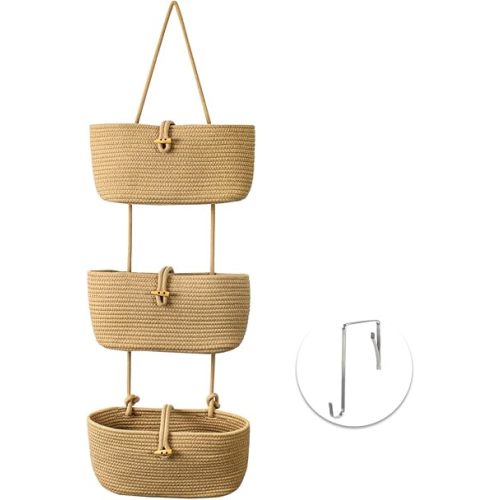 Hanging Baskets for Organizing - 3 Tier Woven Wall Storage Basket, Nursery Decor Hanging Basket, Decorative Over Door Storage, Wicker Behind Door Organizer, Cotton Rope Boho Room Decor, Jute