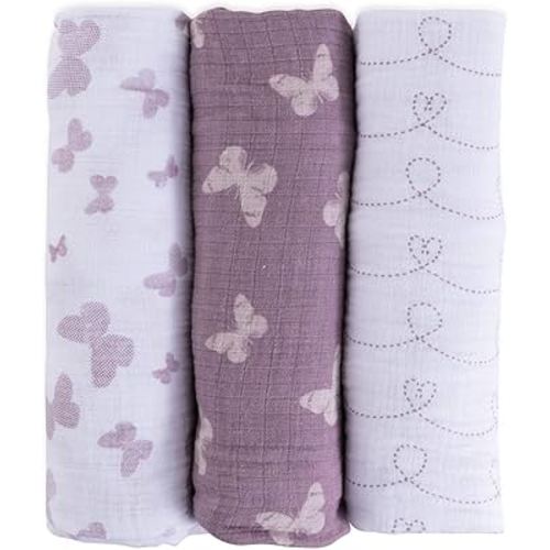 Ely's & Co. Muslin Swaddle Blanket 100% Soft Muslin Cotton 3 Pack 47"x 47" (Lavender Butterfly)
