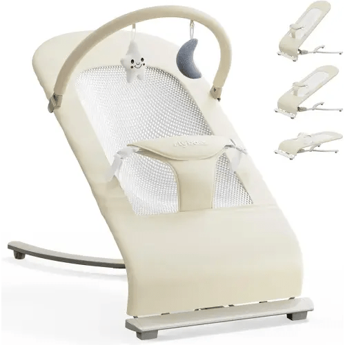 3-in-1 Portable Baby Bouncer & Rocker Chair for Newborn to Toddler - 4 Adjustable Recline Positions, Breathable Cotton Fabric, Natural Vibration, Supports Up to 33 lbs (Oatmeal Khaki)