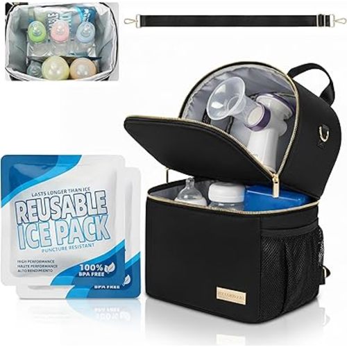 Breast Milk Cooler Bag for Travel –Waterproof 2 in 1 Pump & Bottle Sections Insulated Baby Bottle Cooler Bag Backpack with 2 Ice Pack -Fit 6-9oz Bottles -Keeps Milk Fresh -for Working Moms & Daycare