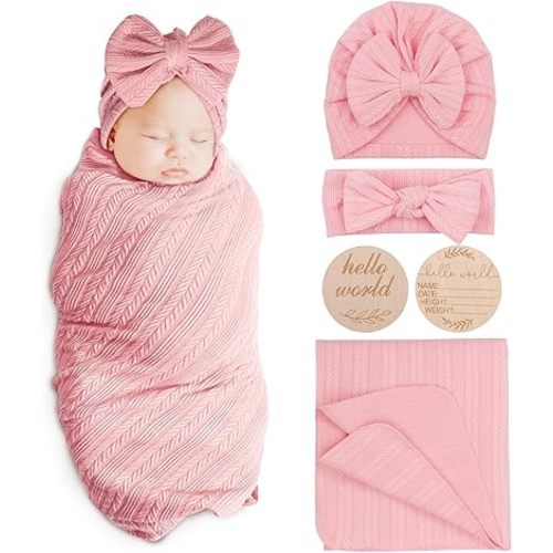 Newborn Receiving Blanket Wheat-Pattern Baby Girl Swaddles Wraps with Bow Hat Headband Wooden Card for Newborns Toddler Gift Baby Essentials