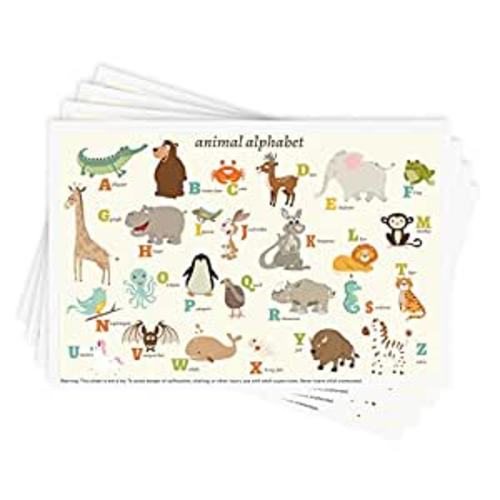 Disposable Stick-on Placemats 40 Pack for Baby & Kids, Restaurant Table Mats 12" x 18" Sticky Place Mats, Toddler Baby Placemat, Animal Alphabet Theme