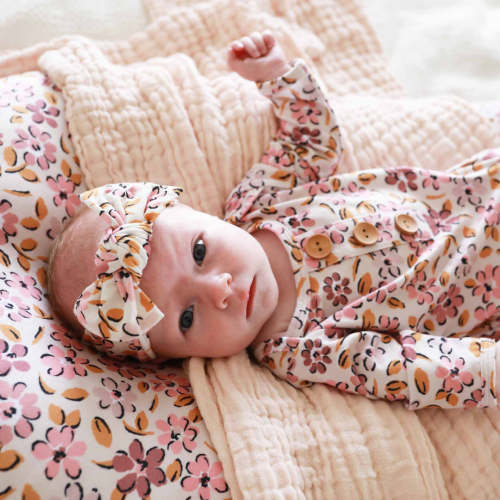 Mauvelous Meadow Newborn Baby Knot Gown & Hat Set