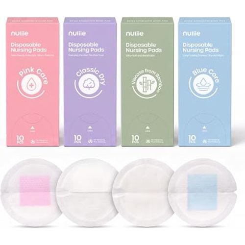 Nuliie 40 Count Disposable Nursing Pads, 4-Type Trial Pack, Soft & Absorbent Breast Pads for Leaking Milk, Ultra-Thin Leak Proof, Skin Friendly Nipple Pads, Breast Feeding Essentials for New Moms